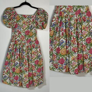 Vintage Floral Dress Girl’s Size 7 Cotton Pink White Puff Sleeve Back Zip Tie